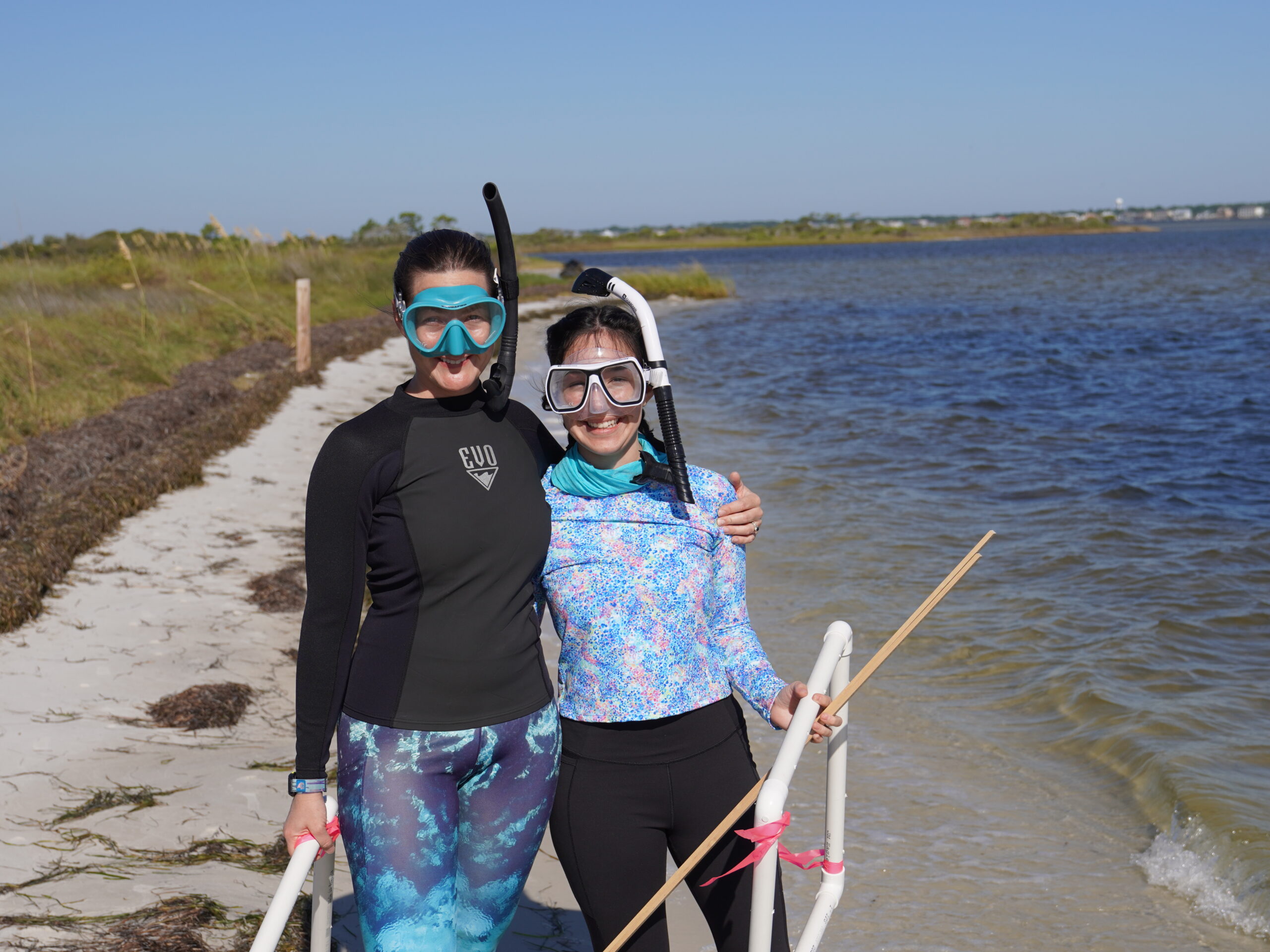 Two researchers standing along the shoreline wearing snorkels and masks and holding quadrats