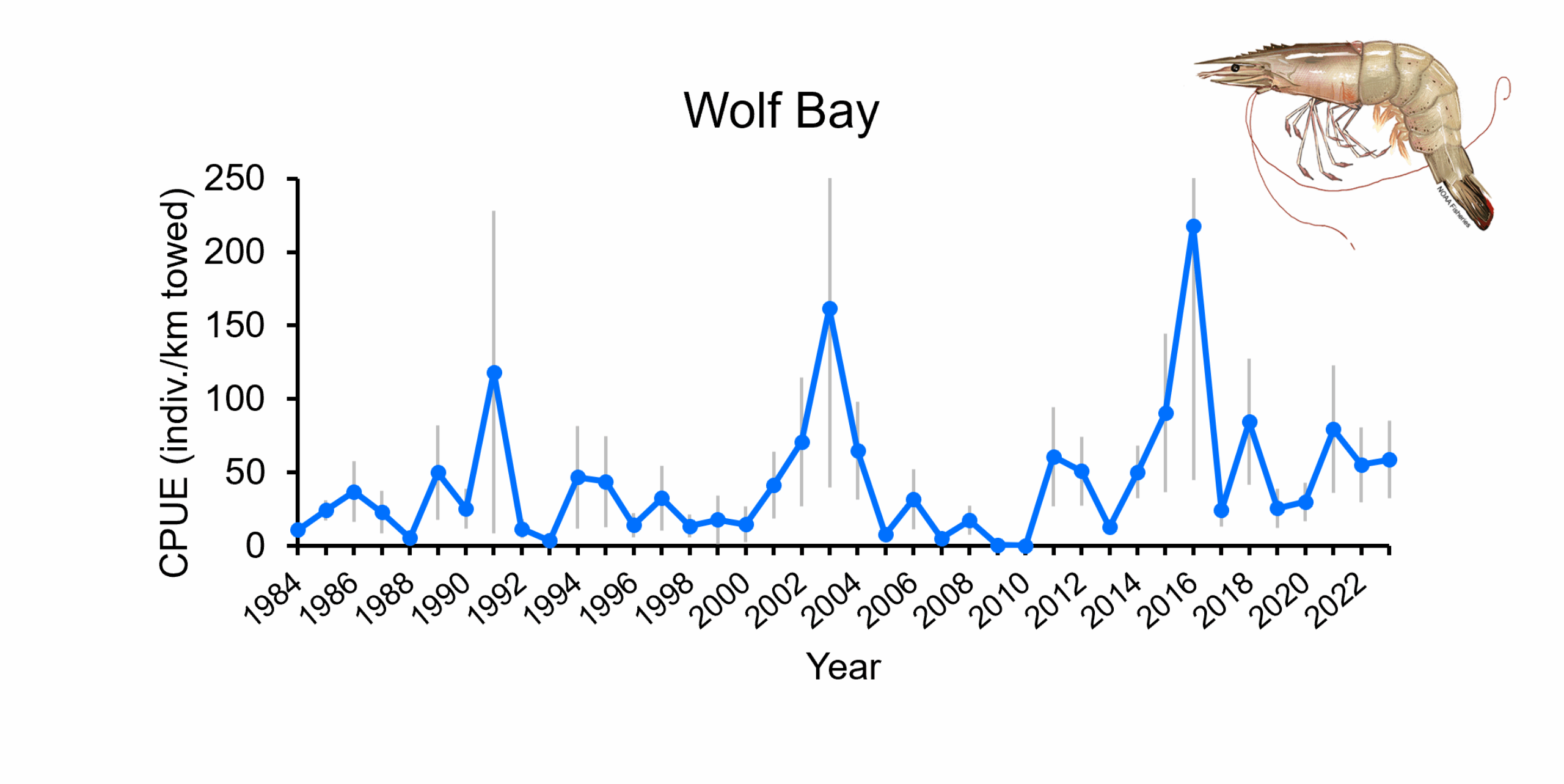 Catch per unit effort of Brown Shrimp in Wolf Bay from 1984-2023